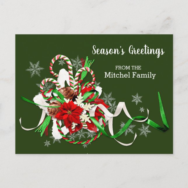 Christmas Candy Canes and Poinsettia Seasonal Postcard (Front)
