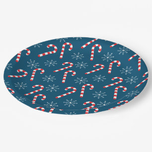 Christmas candy canes and snowflakes pattern blue paper plate