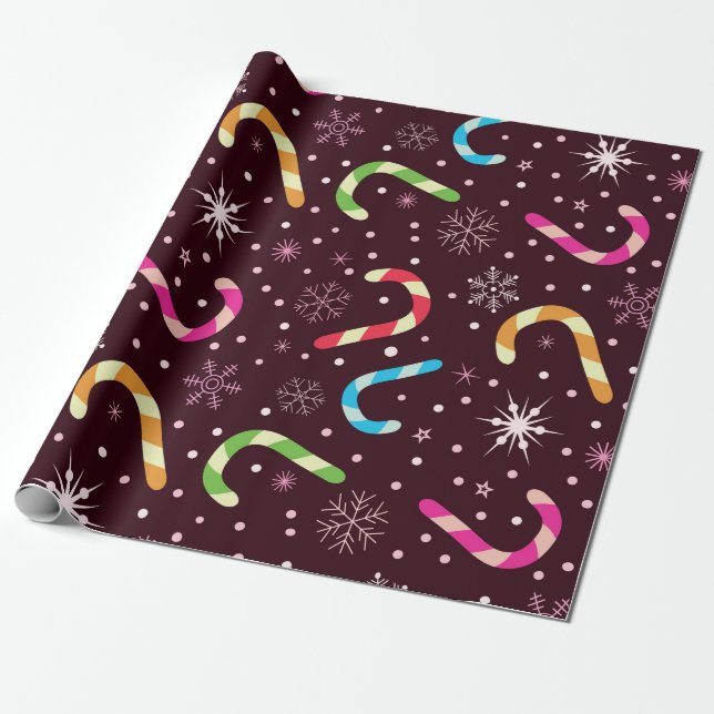 Christmas candy canes and snowflakes pattern wrapping paper (Unrolled)
