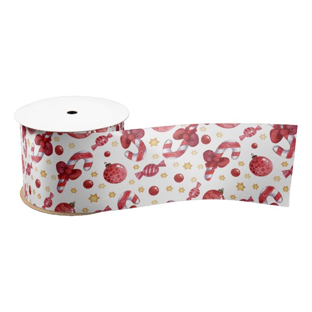 Christmas Candy Canes and Stars Satin Ribbon (Spool)