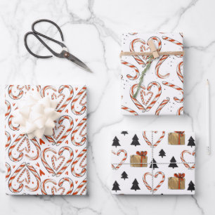 Christmas Candy Canes, Hearts, Trees & Gifts Wrapping Paper Sheet