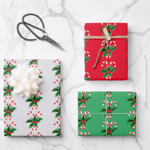 Christmas Candy Canes & Holly Wrapping Paper Sheet