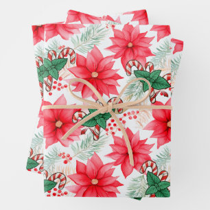 Christmas Candy Canes & Poinsettias Wrapping Paper