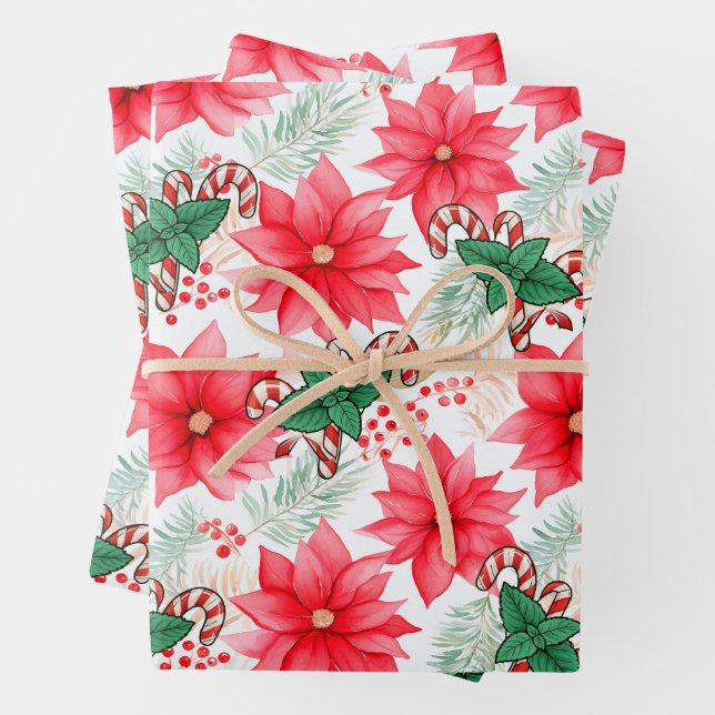 Christmas Candy Canes & Poinsettias Wrapping Paper (In situ)