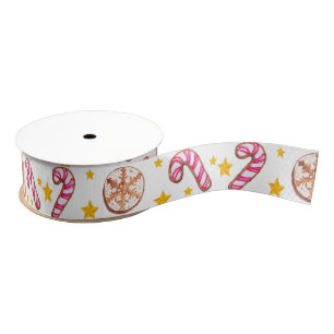 Christmas Candy Canes, Stars & Cookie Pattern Grosgrain Ribbon