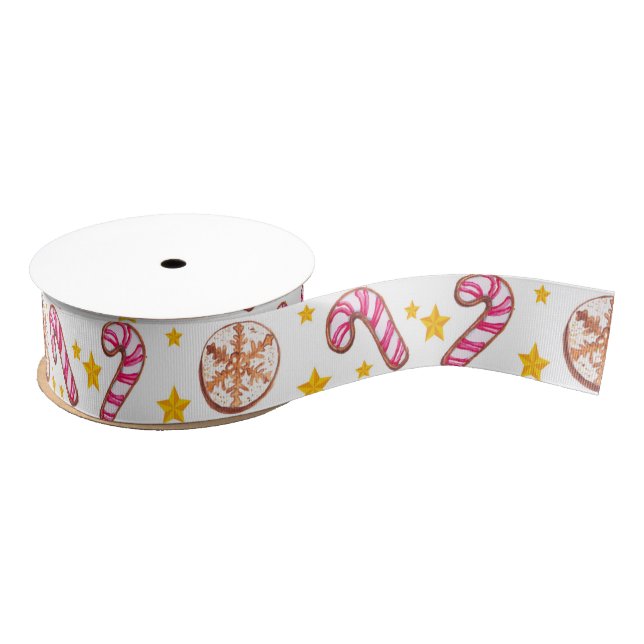 Christmas Candy Canes, Stars & Cookie Pattern Grosgrain Ribbon (Spool)