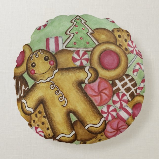 Christmas Candy Cookies Round Pillow  (Front)