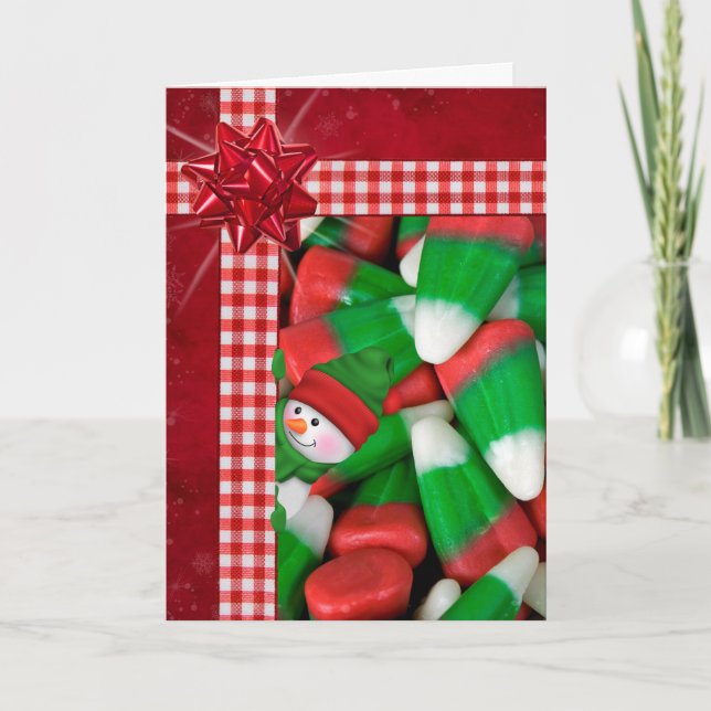 Christmas Candy Corn with snowman Holiday Card (Front)