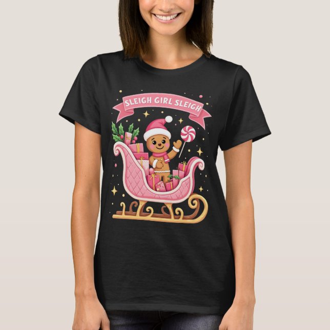 Christmas Candy Sleigh Girl Gingerbread Holiday T-Shirt (Front)