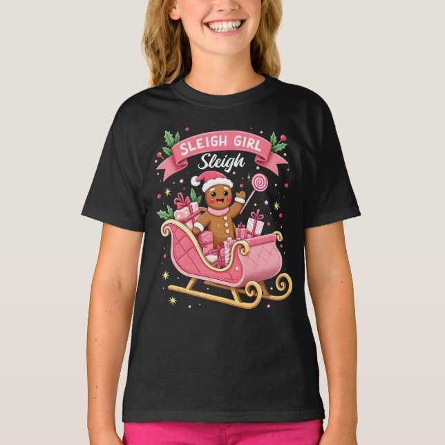 Christmas Candy Sleigh Girl Gingerbread Holiday T-Shirt (Front)