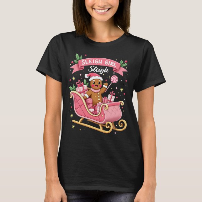 Christmas Candy Sleigh Girl Gingerbread Holiday T-Shirt (Front)