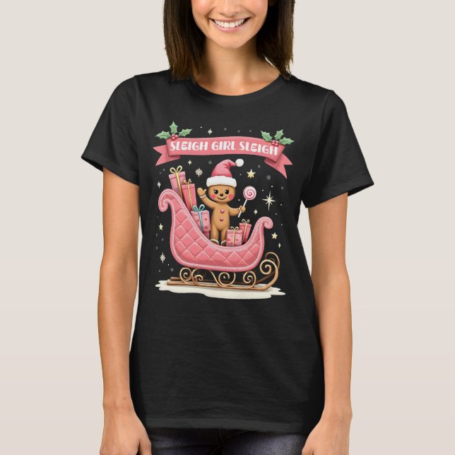 Christmas Candy Sleigh Girl Gingerbread Holiday T-Shirt (Front)