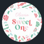 Christmas Candy Sweet One First Birthday Classic Round Sticker<br><div class="desc">Sweet One! Christmas Candy Sweet One first birthday party stickers with candy canes,  jelly beans and other candy.</div>