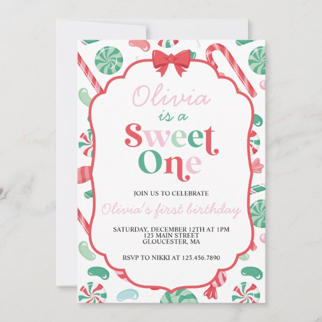 Christmas Candy Sweet One First Birthday Invitation (Front)