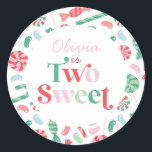 Christmas Candy Two Sweet 2nd Birthday Classic Round Sticker<br><div class="desc">Two Sweet! Christmas Candy Two Sweet 2nd birthday party stickers with candy canes,  jelly beans and other candy.</div>