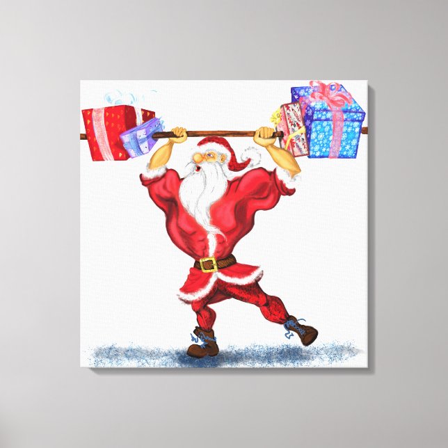 Christmas Canvas Print Bodybuilder Santa with Gift (Front)
