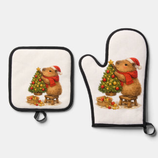 Christmas Capybara Decorating Tree Oven Mitt & Pot Holder Set