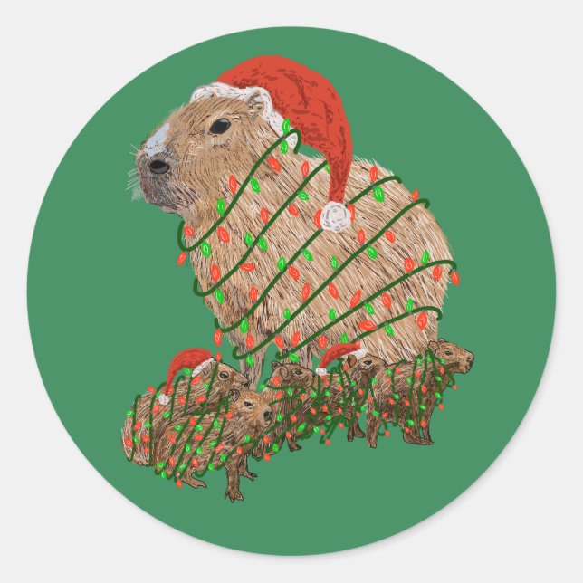 Christmas Capybara Family Wrapped in Lights Classic Round Sticker (Front)