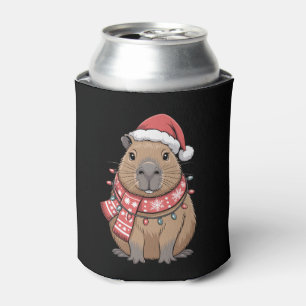 Christmas Capybara Santa Hat Scarf Lights Holiday Can Cooler