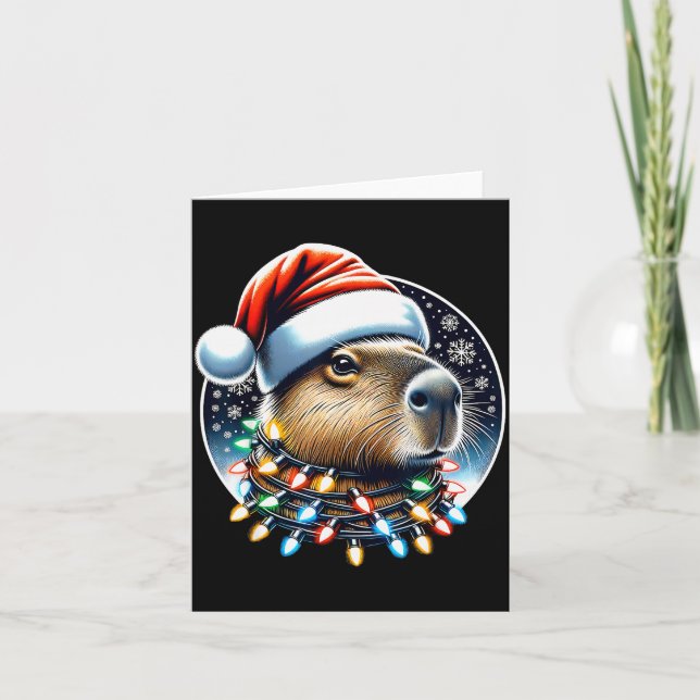 Christmas Capybara Santa Hat Xmas Lights Men Women Card (Front)