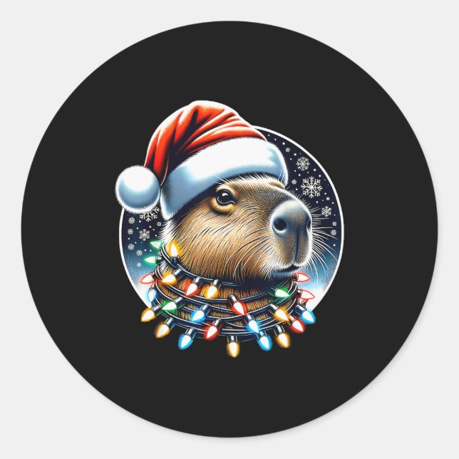 Christmas Capybara Santa Hat Xmas Lights Men Women Classic Round Sticker (Front)