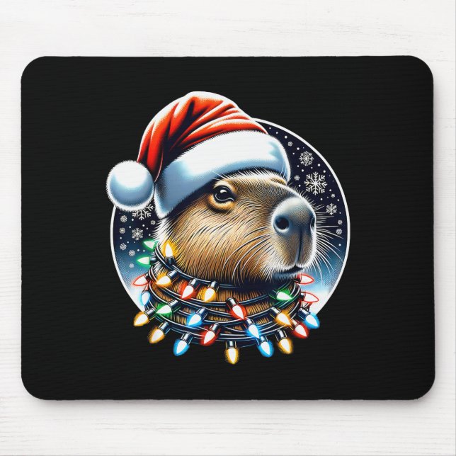 Christmas Capybara Santa Hat Xmas Lights Men Women Mouse Mat (Front)