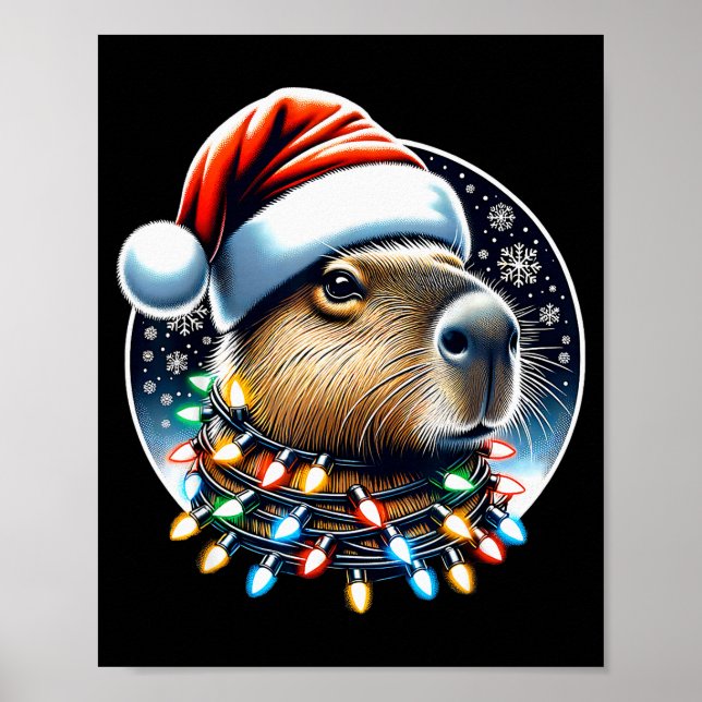 Christmas Capybara Santa Hat Xmas Lights Men Women Poster (Front)
