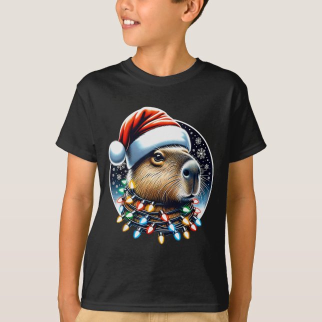 Christmas Capybara Santa Hat Xmas Lights Men Women T-Shirt (Front)