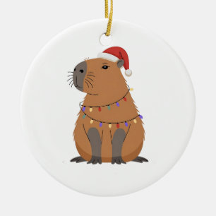 Christmas Capybara With Santa Hat Xmas Lights Ceramic Tree Decoration