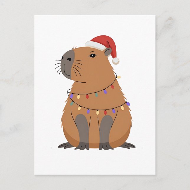 Christmas Capybara With Santa Hat Xmas Lights Holiday Postcard (Front)