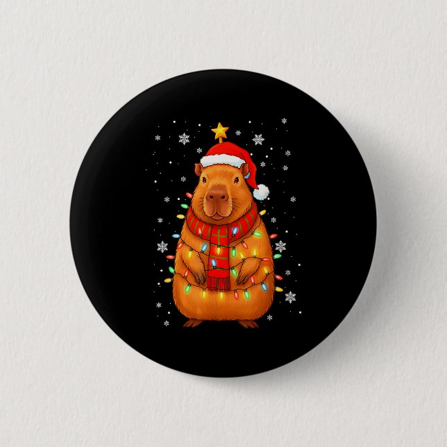 Christmas Capybara With Santa Hat Xmas Lights Tree 6 Cm Round Badge (Front)