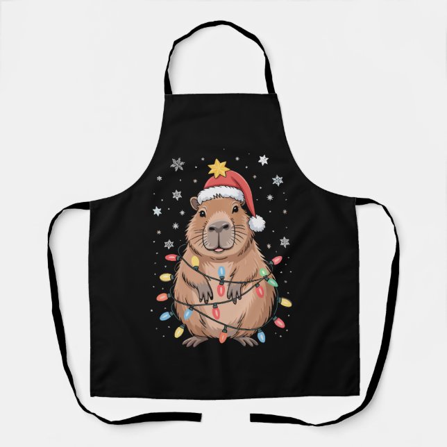 Christmas Capybara With Santa Hat Xmas Lights Tree Apron (Front)