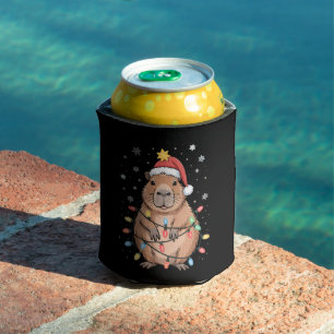 Christmas Capybara With Santa Hat Xmas Lights Tree Can Cooler