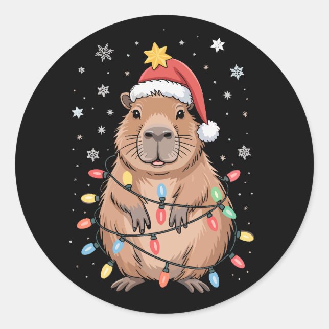 Christmas Capybara With Santa Hat Xmas Lights Tree Classic Round Sticker (Front)