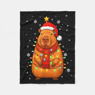 Christmas Capybara With Santa Hat Xmas Lights Tree Fleece Blanket