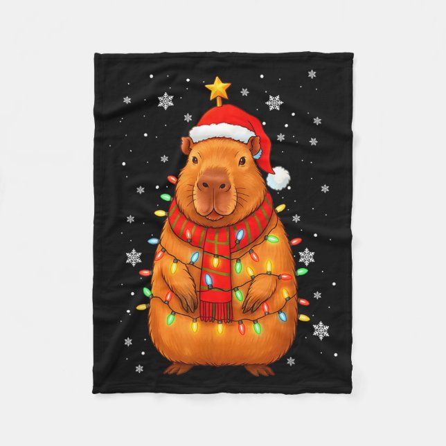 Christmas Capybara With Santa Hat Xmas Lights Tree Fleece Blanket (Front)