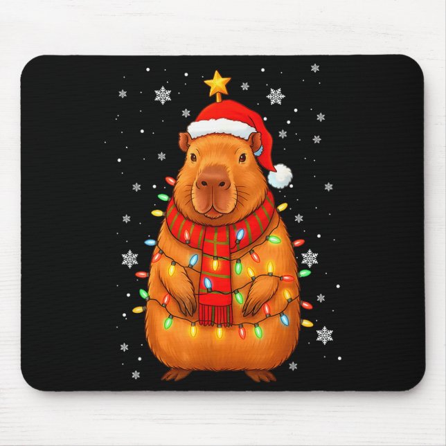 Christmas Capybara With Santa Hat Xmas Lights Tree Mouse Mat (Front)