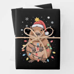 Christmas Capybara With Santa Hat Xmas Lights Tree Wrapping Paper Sheet
