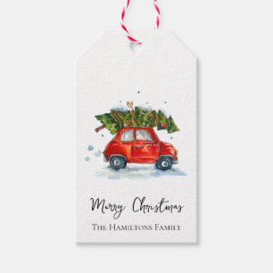 Christmas car and pines gift tags