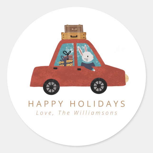 Christmas Car Bunny Personalised Happy Holidays Classic Round Sticker (Front)