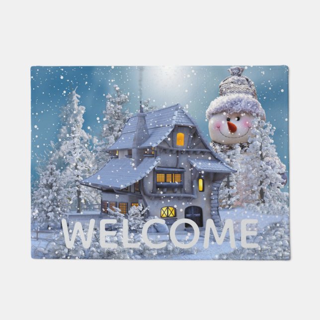 Christmas Car Decoration Winter White Snowman Blue Doormat (Front)