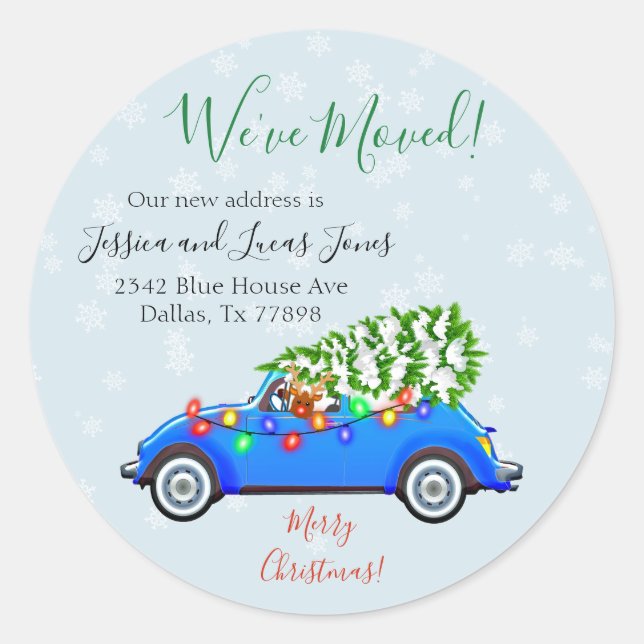Christmas Car Moving Announcement Moving Classic Round Sticker (Front)
