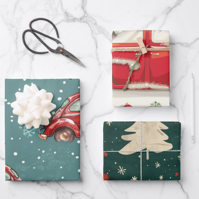 Christmas car pattern wrapping paper sheet (Front)