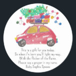 Christmas car - Prayer candle label<br><div class="desc">Gorgeous red car in a watercolor and pencil style carries gifts and a Christmas tree. Celebrate the big day with "Christmas Tree Car". Winter Baby shower. Matching items available.</div>
