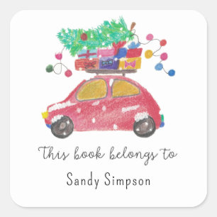 Christmas car - this book belongs to square sticker