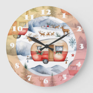 Christmas Caravan, Snow, Deer Large Clock