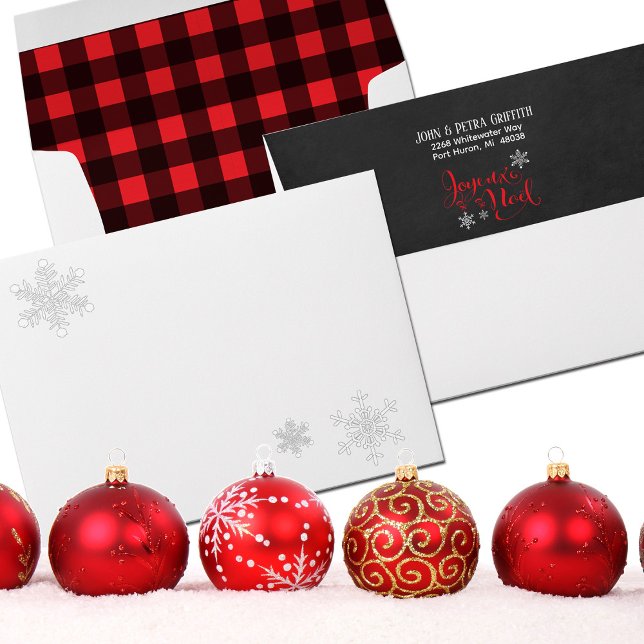 Christmas Card 5x7 Joyeux Noel Snowflakes Envelope (A beautiful envelope inside and out for your 5x7 Christmas holiday cards.)