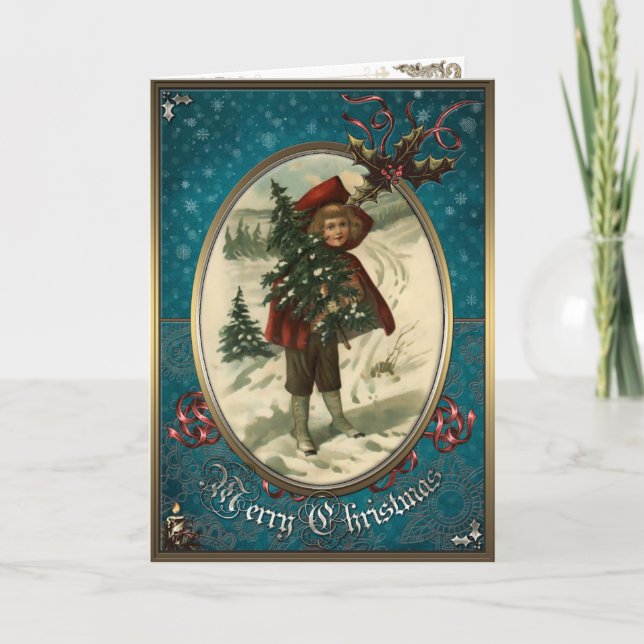 Christmas Card - A child with a Christmas tree. (Front)