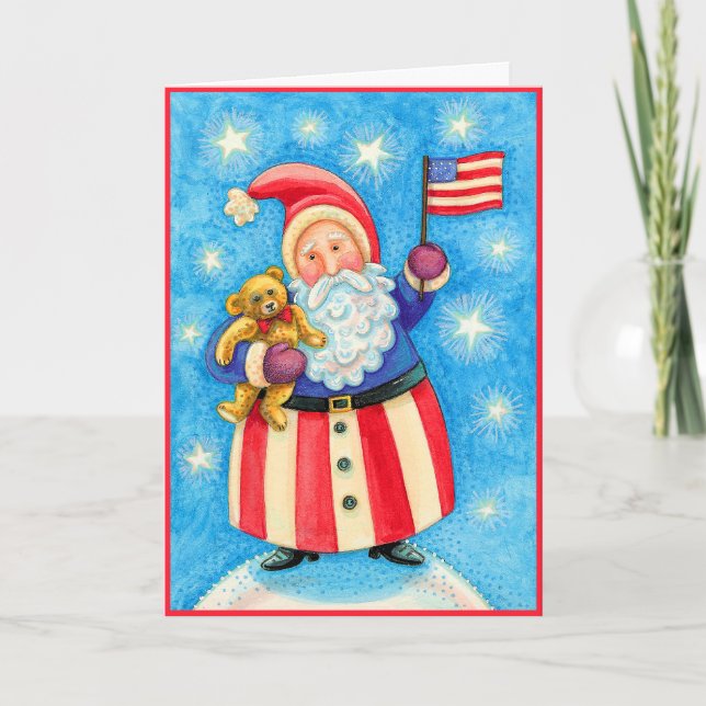 Christmas Card: American Santa Claus with Flag Holiday Card (Front)