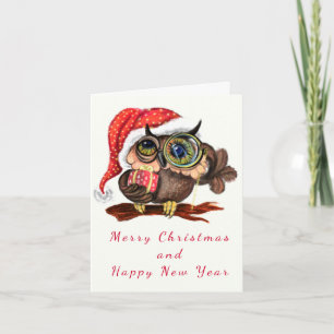 Christmas Card Baby Owl In Hat and Gift